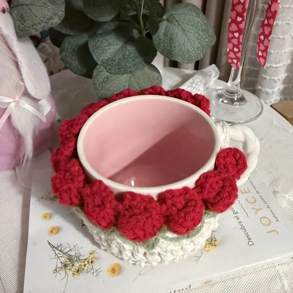Handmade Crochet Floral Mug Cozy Red& Green Cottagecore Coffee Cup Sleeve